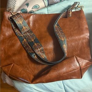 Brown Leather Tote Bag with Patterned Strap